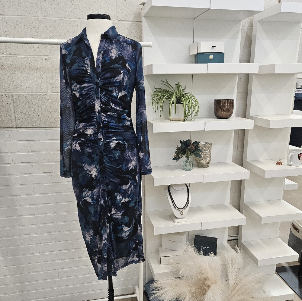 Floral Mesh Ruched Midi Shirt Dress